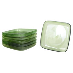Set of six plates in green art glass. Sweden, 1960s/70s