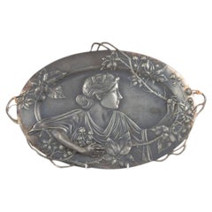 WMF, Germany. Large Art Nouveau wall platter / dish with female figure. Ca. 1900