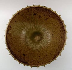 Arne Bang, Very Large Bowl of Stoneware with Fluted Body with Brown-Green Glaze