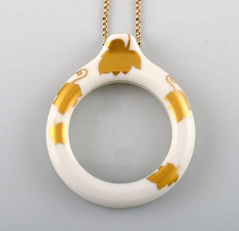 Danish Rare Royal Copenhagen Magnifying Glass, Porcelain Decorated with Leaves in Gold