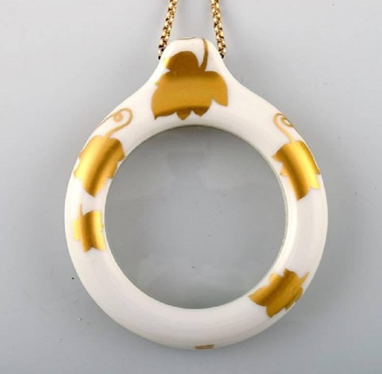 20th Century Rare Royal Copenhagen Magnifying Glass, Porcelain Decorated with Leaves in Gold