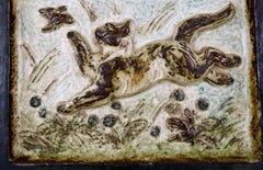 Royal Copenhagen Stoneware Relief with Playful Cat and Bird by Knud Kyhn