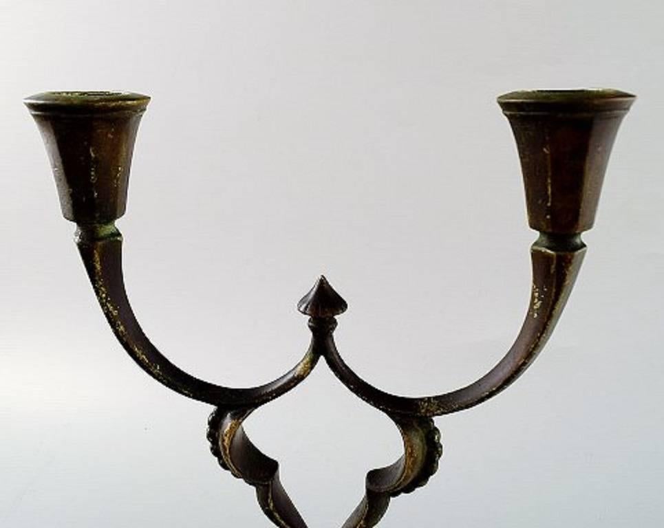 Danish Just Andersen, Pair of Two-Armed Candelabras of Patinated Bronze