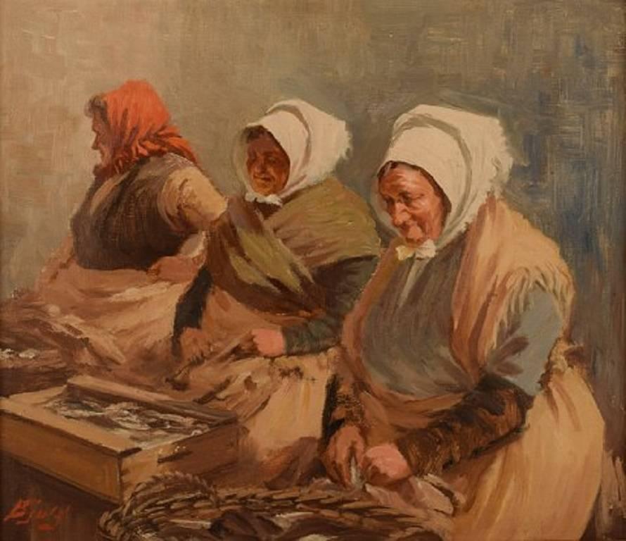 S. C. Bjulf : Les femmes de pêcheurs, Le vieux quai, Copenhague. 
Artiste danois bien répertorié.
Signé Bjulf, années 1930.
Huile sur toile. 
Mesures : 40 cm. x 46 cm.