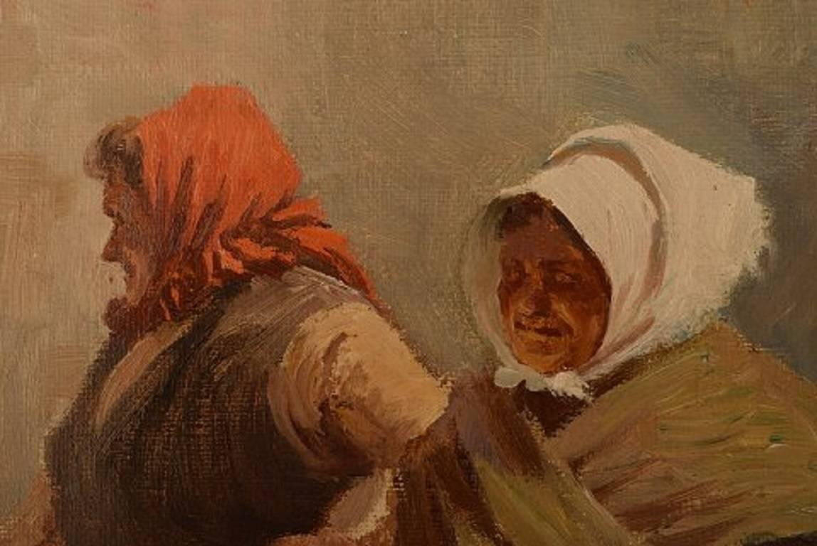 Danois S. C. Bjulf « Fishermen's Wives », huile sur toile d'un artiste danois réputé en vente