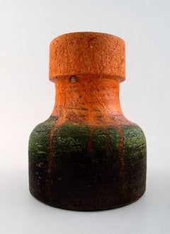 Marcello Fantoni, Italy Pottery Vase, Glaze in Orange and Dark Green Tones
