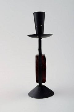 Erik Höglund for Kosta Boda, Candlestick of Cast Iron with Hand-Blown Art Glass