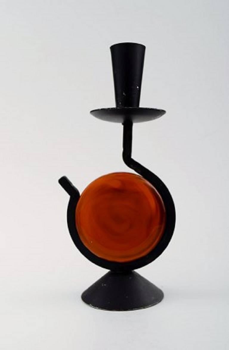 Scandinavian Modern Erik Höglund for Kosta Boda, Candlestick of Cast Iron with Hand-Blown Art Glass