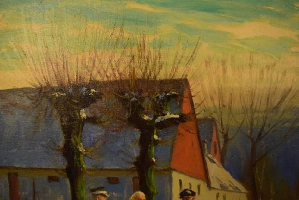 S. C. Bjulf Winter Idyll with People, Oil on Canvas In Excellent Condition In Copenhagen, DK