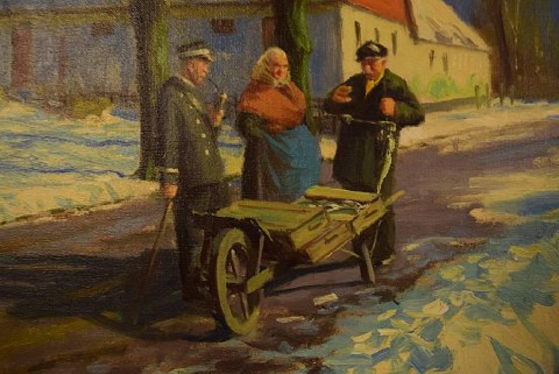 Scandinavian S. C. Bjulf Winter Idyll with People, Oil on Canvas