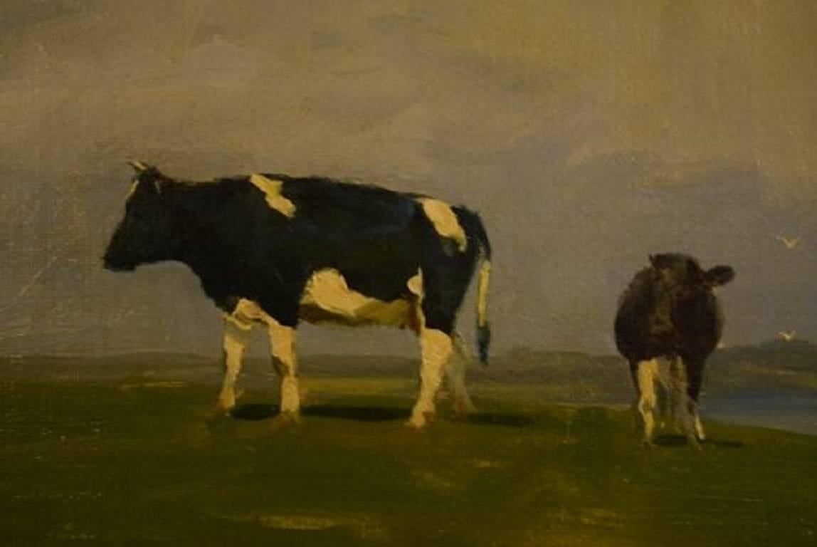 Gunnar Bundgaard, Cows on the Field, Oil on Canvas In Excellent Condition In Copenhagen, DK