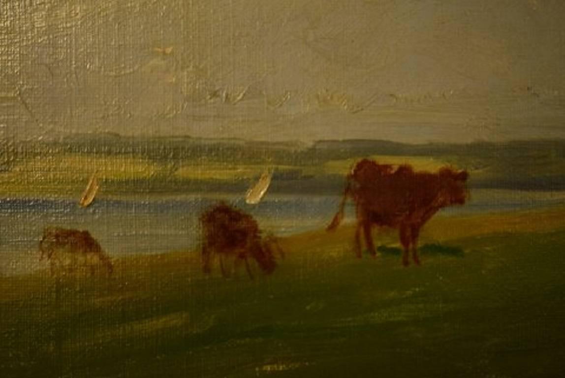 20th Century Gunnar Bundgaard, Cows on the Field, Oil on Canvas