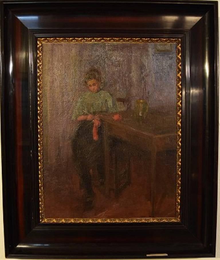 Fritz von Uhde (1848-1911) style circa 1900: Interior with a knitting girl.
Oil on canvas mounted on masonite.
Measures: 61 x 46.5. The frame measures 13 cm.
Unsigned.
In good condition.
