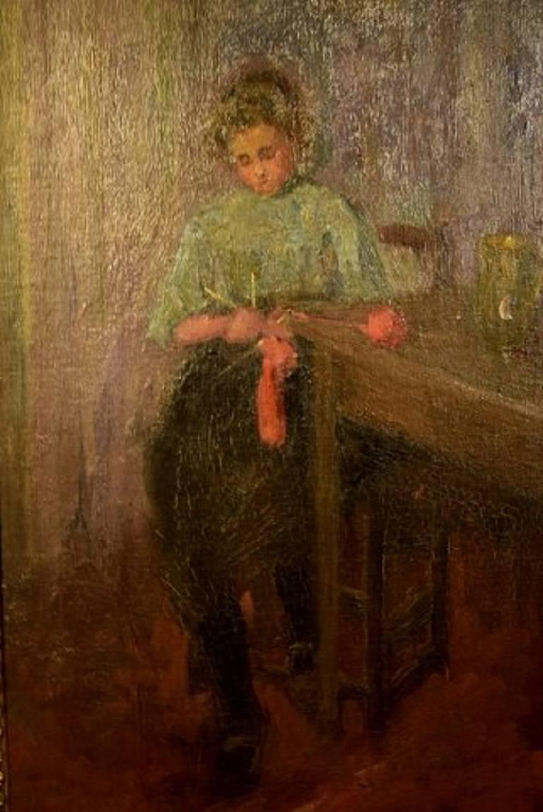 German Fritz von Uhde Style circa 1900, Interior with a Knitting Girl For Sale