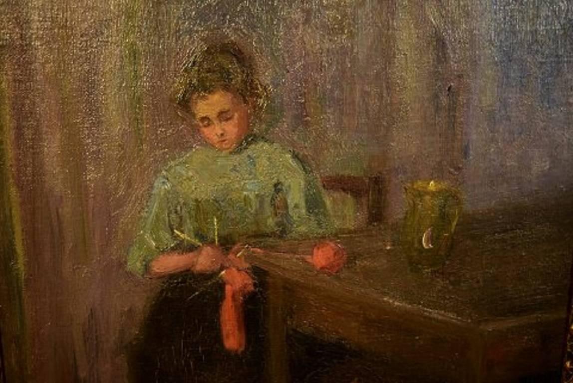 Fritz von Uhde Style circa 1900, Interior with a Knitting Girl In Good Condition For Sale In Copenhagen, DK