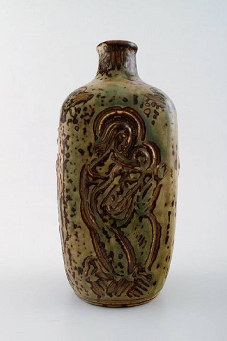Danish Royal Copenhagen Jais Nielsen ceramic vase, sung glaze. Biblical motives For Sale