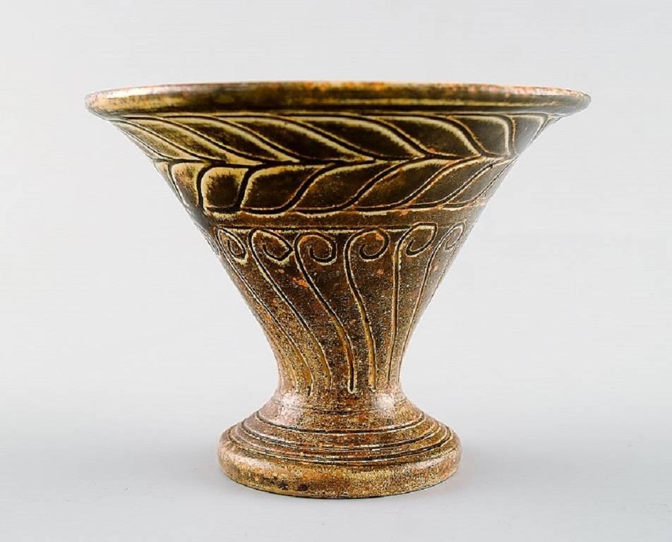 Art Deco Kähler, Denmark, Glazed Vase in Stoneware, Beautiful Yellow Glaze For Sale