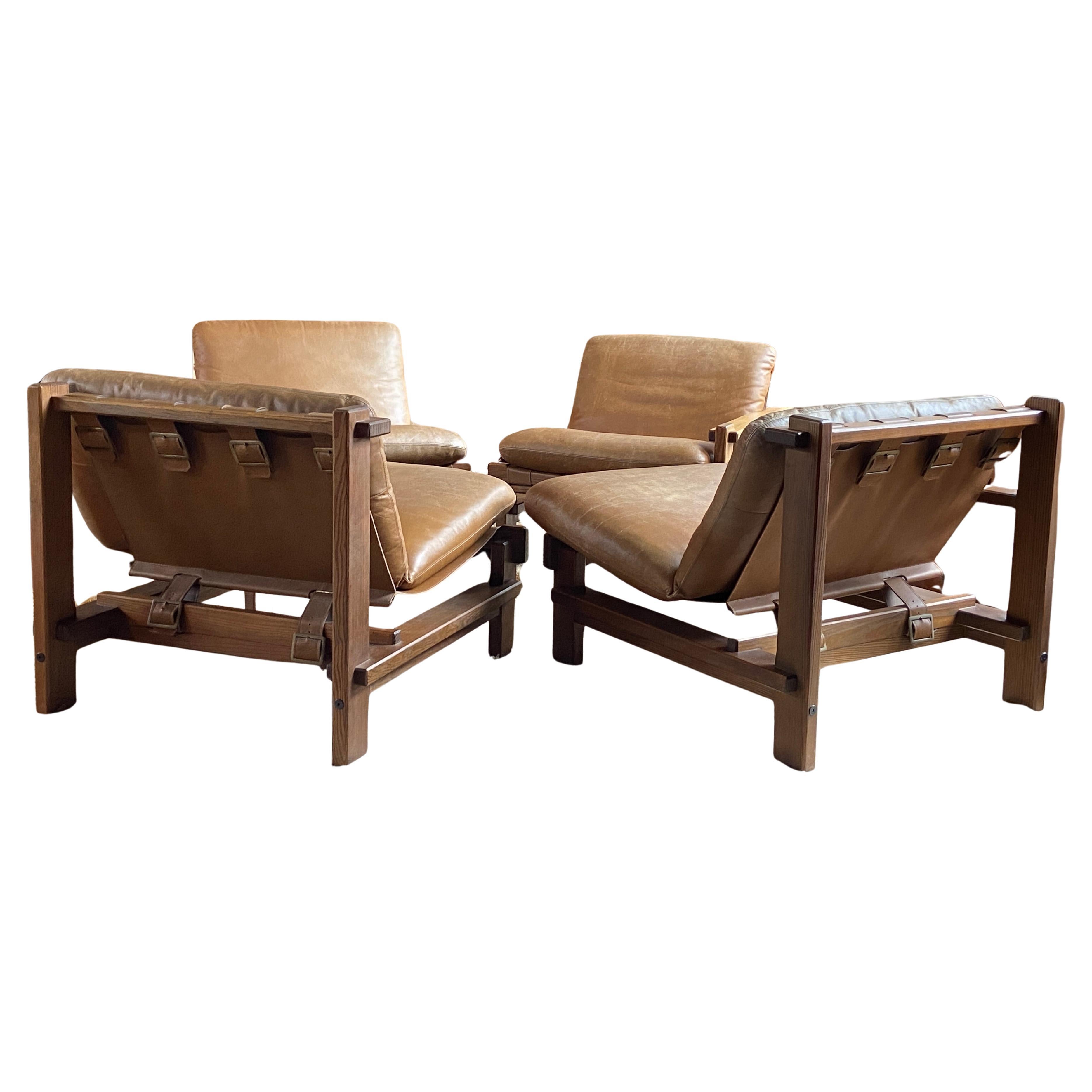 Set of four Carl Straub brutalist pine and leather lounge chairs -sectional sofa