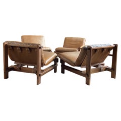 Set of four Carl Straub brutalist pine and leather lounge chairs -sectional sofa