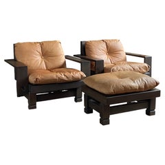 Set of Klaus Rausch 70's Brutalist leather lounge chairs + ottoman + side table