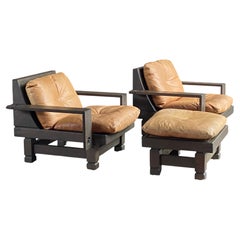 Set of Klaus Rausch 70's Brutalist leather lounge chairs + ottoman + side table