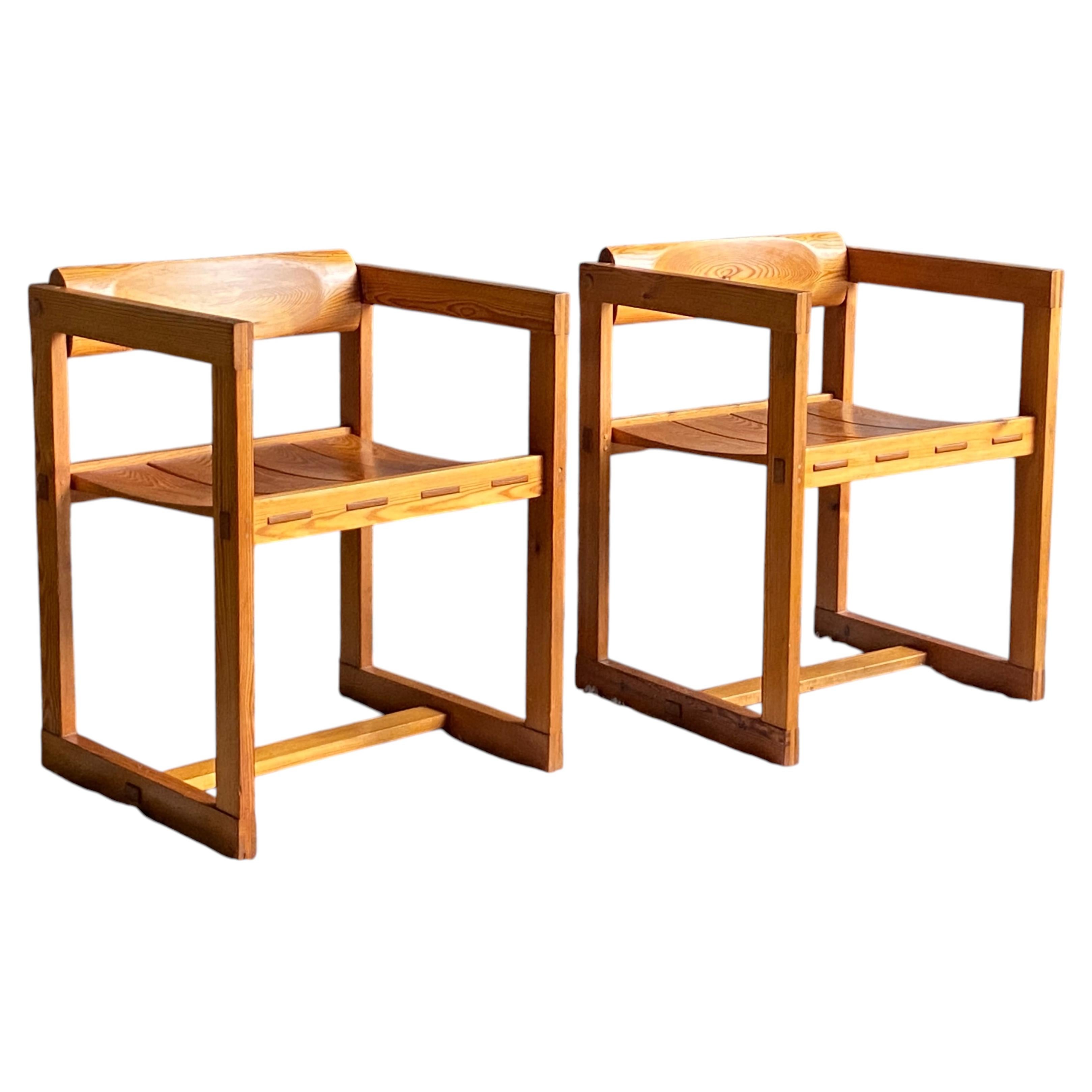 Pair of mid century 1960's Edvin Helseth Norwegian Brutalist pine armchairs