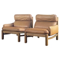 Pair of 1970's Brutalist oak and leather lounge chairs / loveseat - Carl Straub