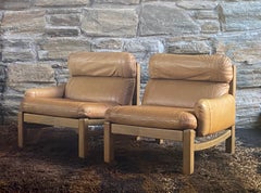 Pair of 1970's Brutalist oak and leather lounge chairs / loveseat - Carl Straub