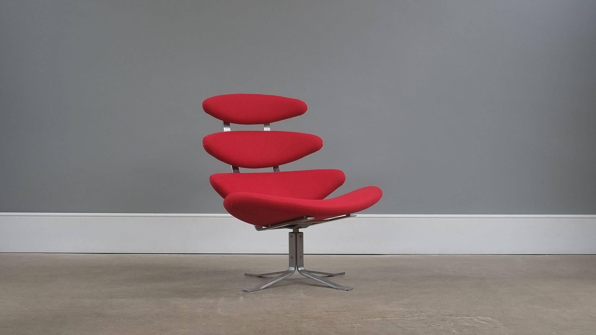 Classic original Corona chair designed by Poul Volther for Erik Jorgensen, Denmark. This example fully reconditioned and reupholstered in ‘ladybird’ red wool. Super high quality and ultra comfortable chair. Two chairs available.