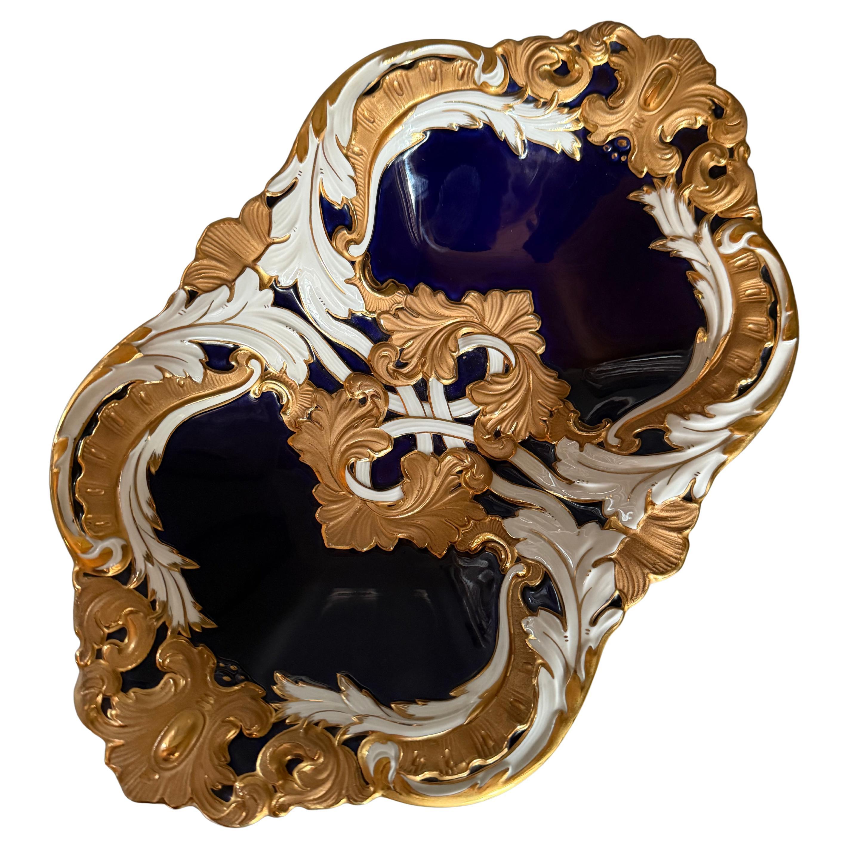 Rococo Meissen B Form Serving Dish Bowl Cobalt Gold For Sale