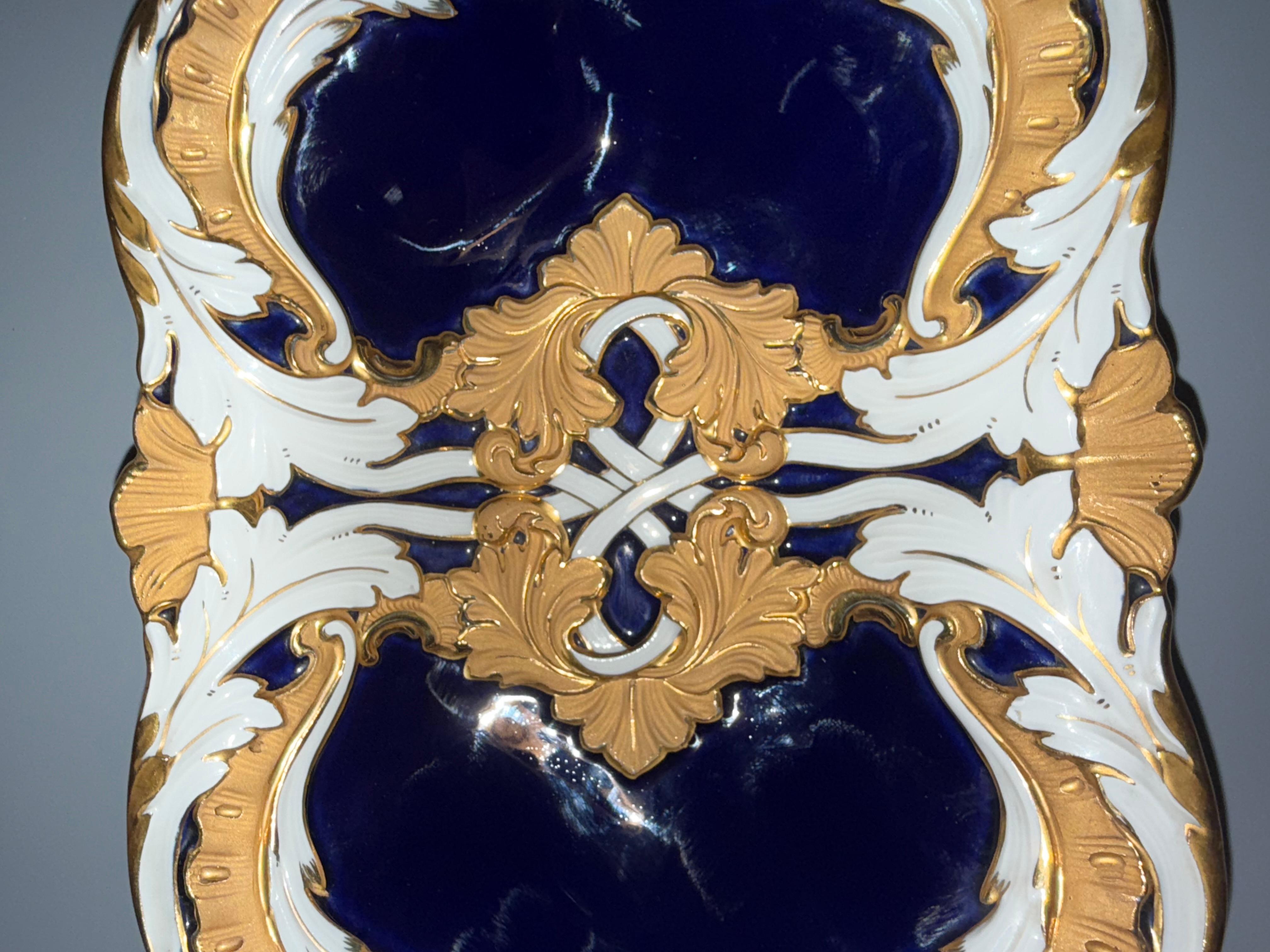 Porcelain Rococo Meissen B Form Serving Dish Bowl Cobalt Gold For Sale