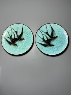 Art Nouveau Majolica Barboutine Two Plates Birds Swallow Early 20th Century