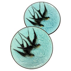 Art Nouveau Majolica Barboutine Two Plates Birds Swallow Early 20th Century