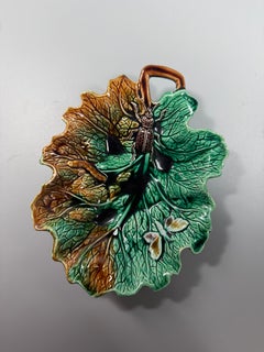 Antique majolica Rörstrand, leaf shaped barrel with insect