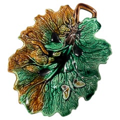 Antique majolica Rörstrand, leaf shaped barrel with insect