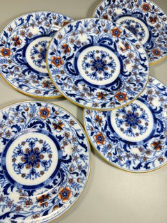 Set di 5 piatti "Flow Blue" con aquila Minton in stile antico "Japan", Inghilterra, fine del XIX secolo