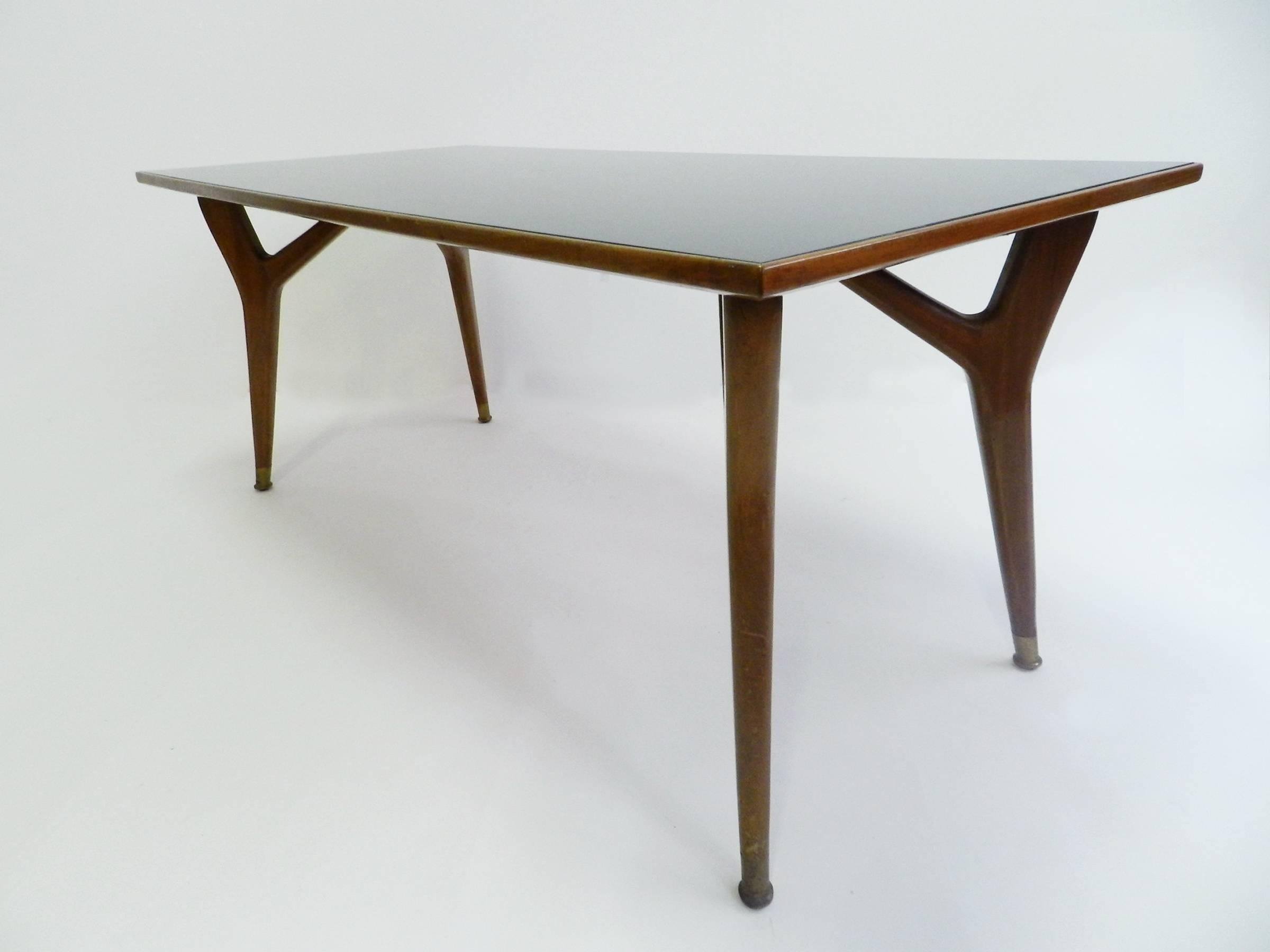 Mid-20th Century Glass, Walnut and Brass Italian Design Table