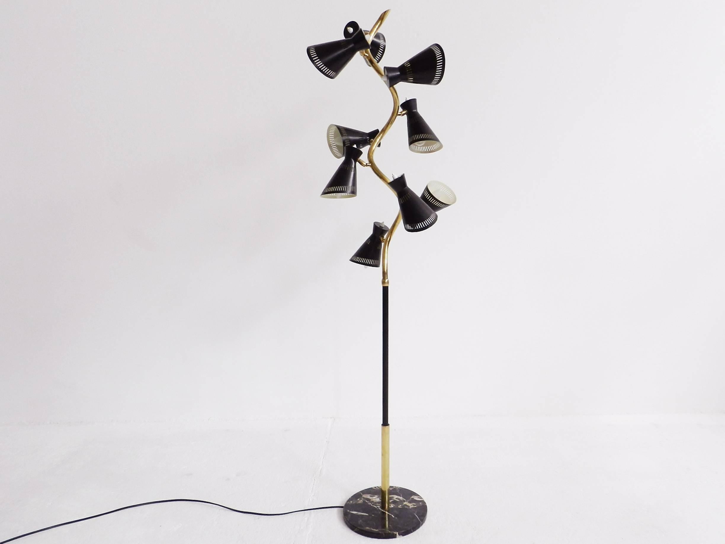 Brass floor lamp with nine black shades.
The shades can be adjusted.
The marble bass has a diameter of 30 cm.