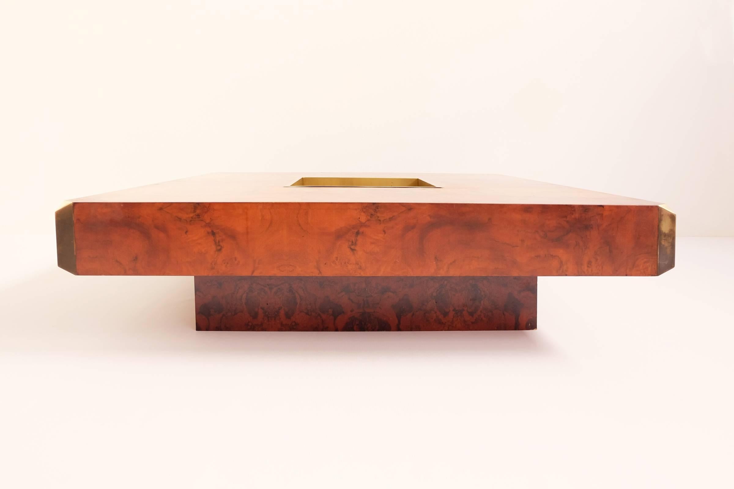 Mid-Century Modern Willy Rizzo, Alveo Bar Coffee Table, in Stunning Burl Wood and Brass