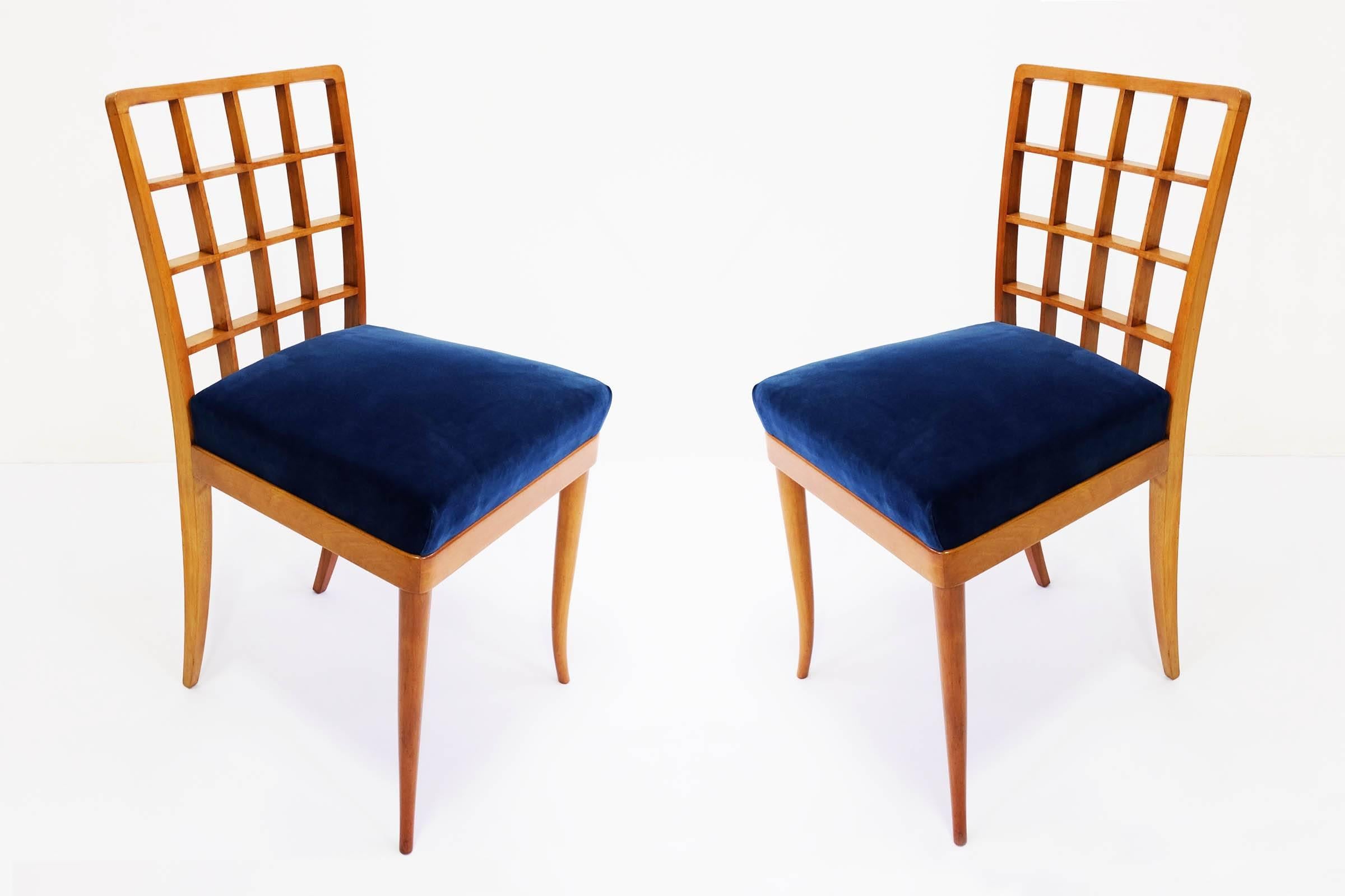 Very finely built with interlocking woods
Totally restored and new upholstery in 1st class deep blue velvet.
