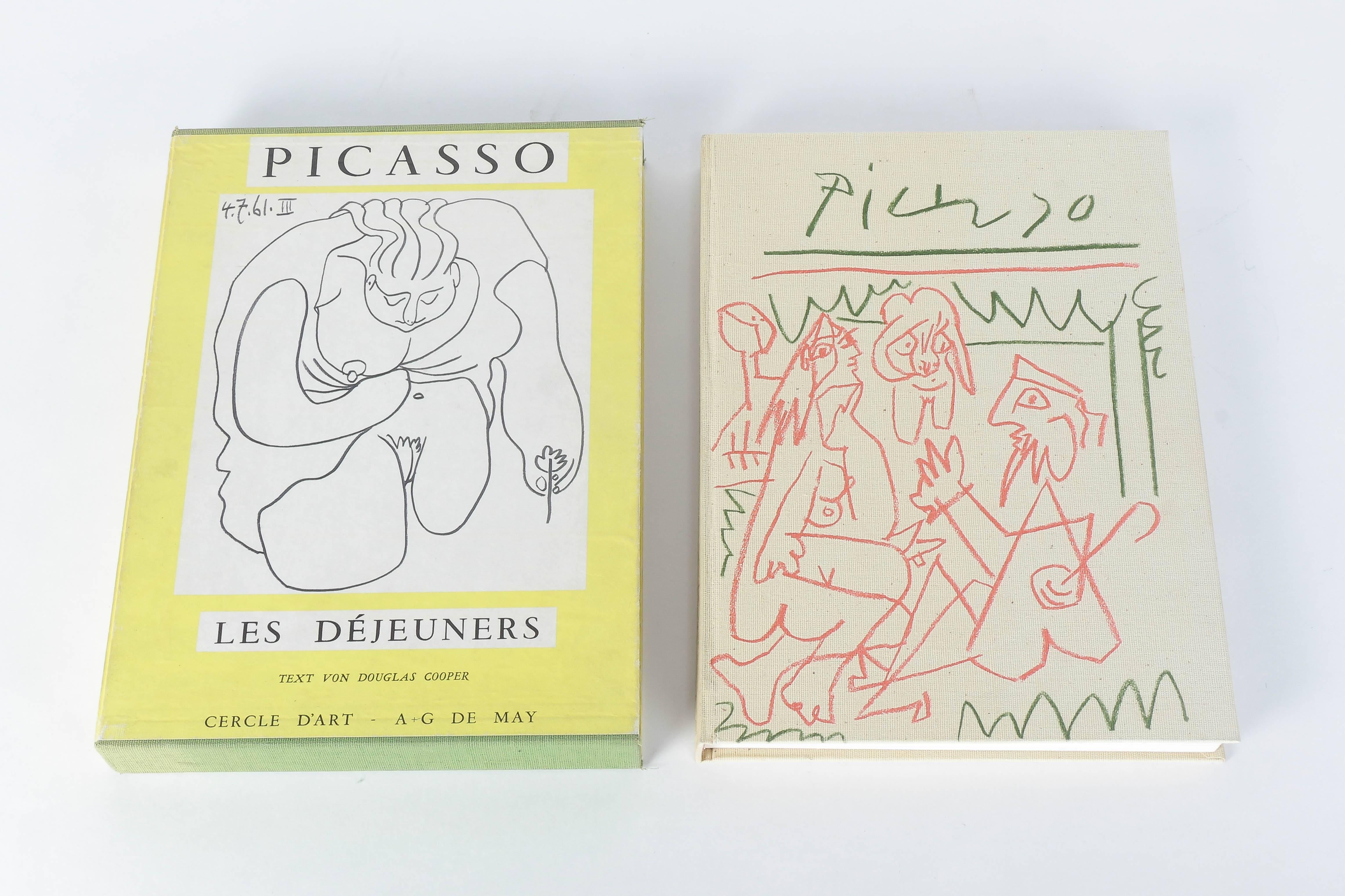 Very rare book Picasso, Les Déjeuners text by Douglas Cooper in German, Edition Cercle D'Art - A+G De May from 1962. Hard cover edition of a limited edition. Cloth bound book in original paper cloth slipcase. Many illustrations by Picasso in color