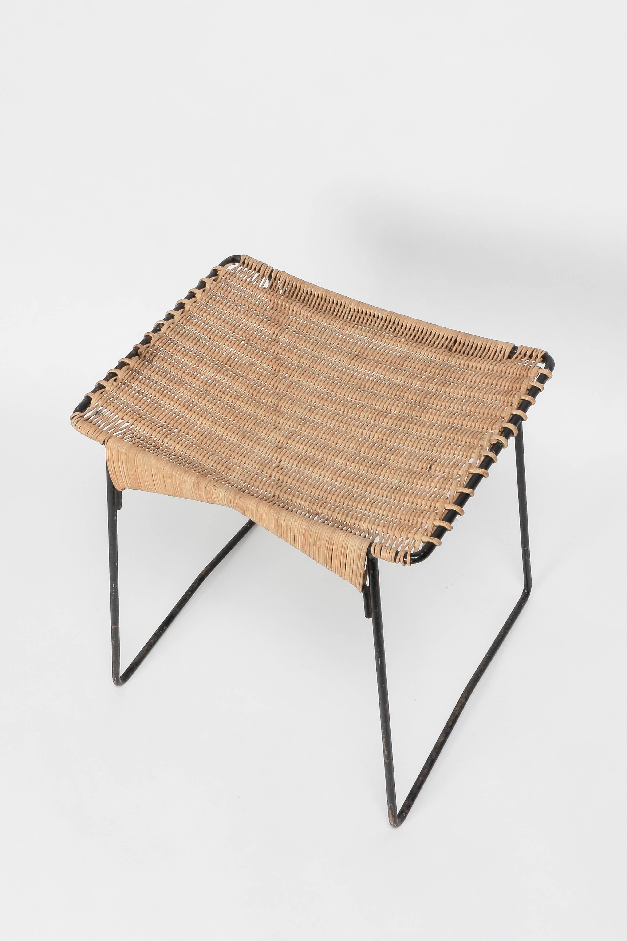 Mid-Century Modern French Metal and Wicker Stool in the Style of Carl Auböck, 1950