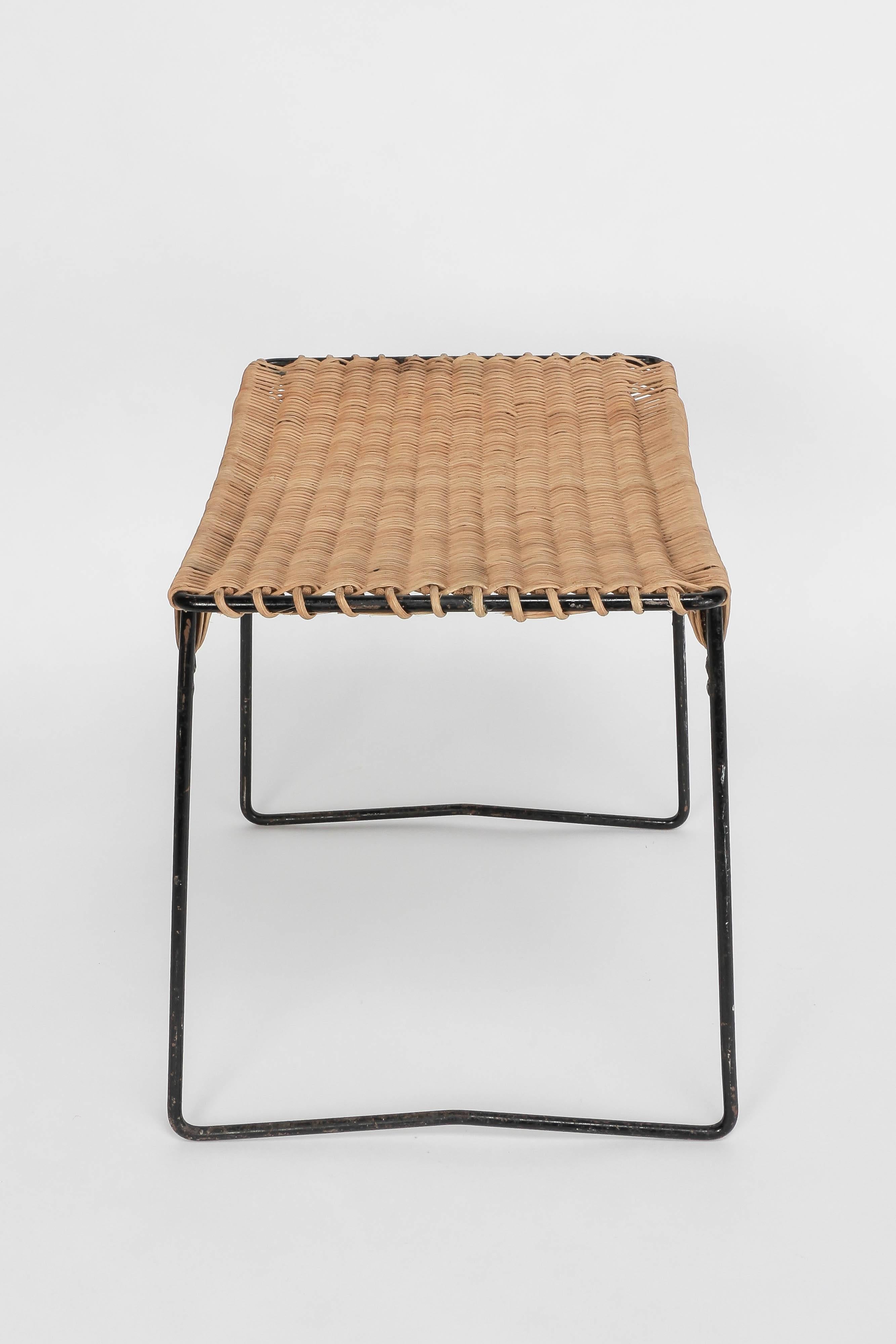 Hand-Woven French Metal and Wicker Stool in the Style of Carl Auböck, 1950