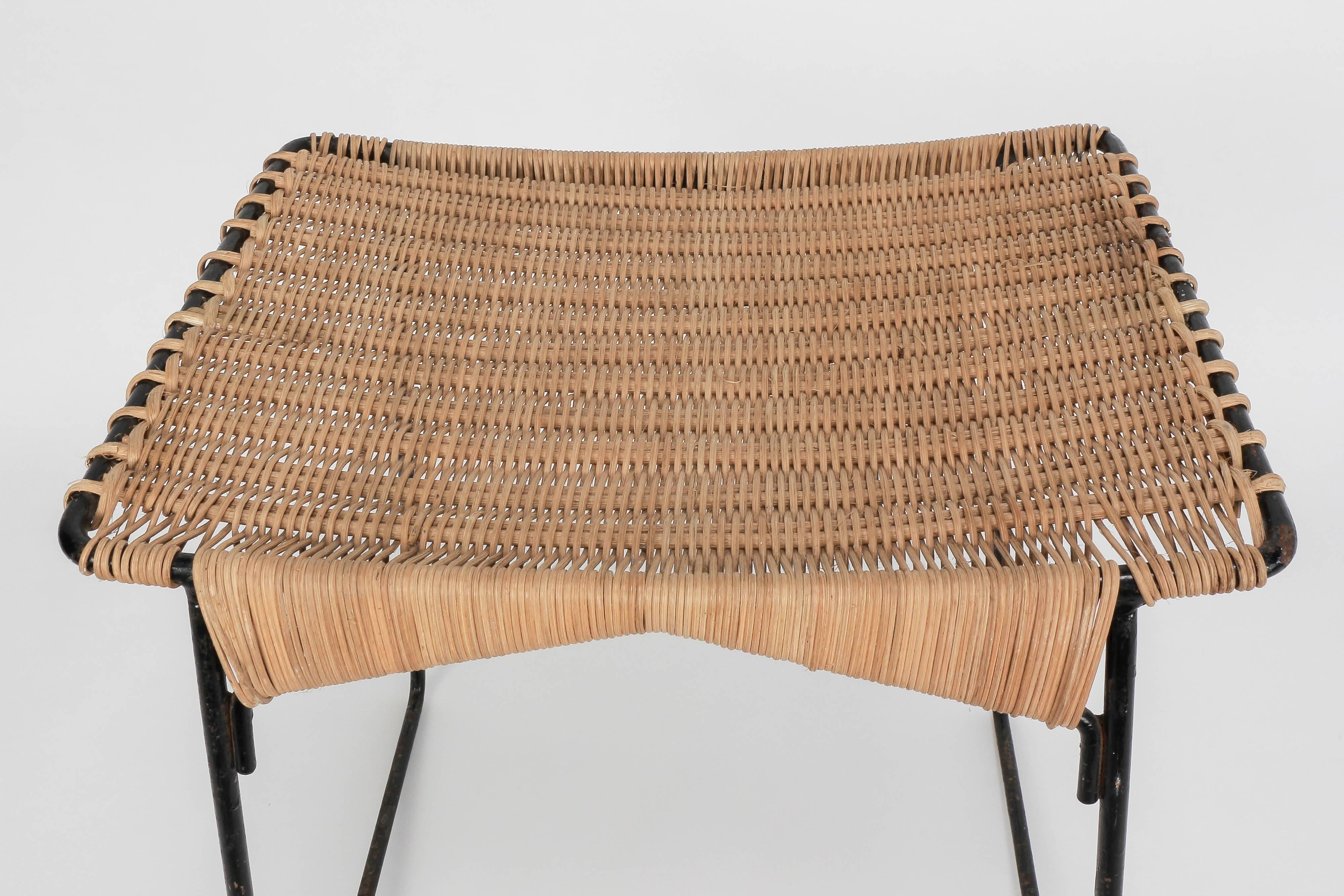 Mid-20th Century French Metal and Wicker Stool in the Style of Carl Auböck, 1950