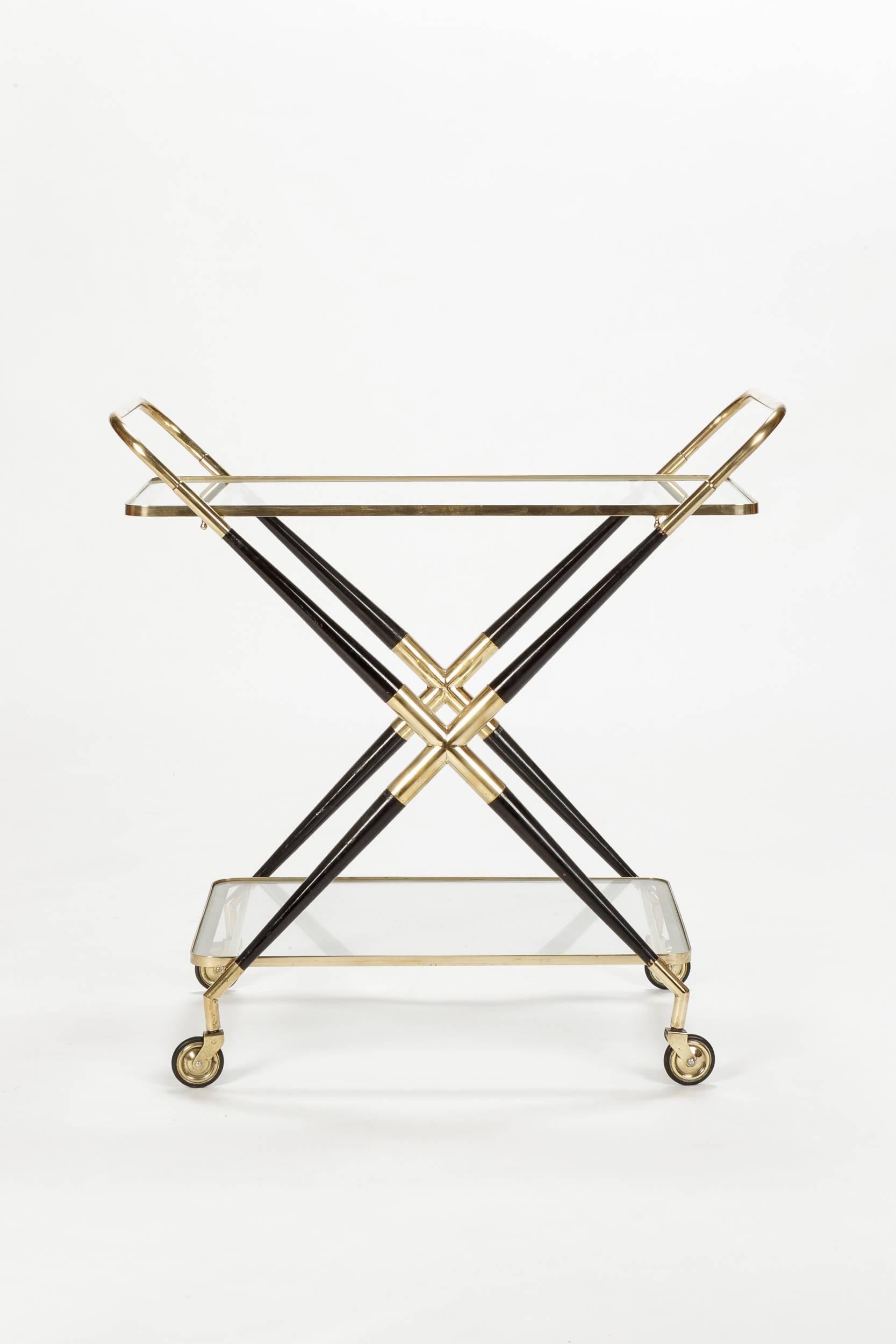 Lacquered Cesare Lacca Bar Cart Brass & Shiny Black Mahogany,  Italy 1950s