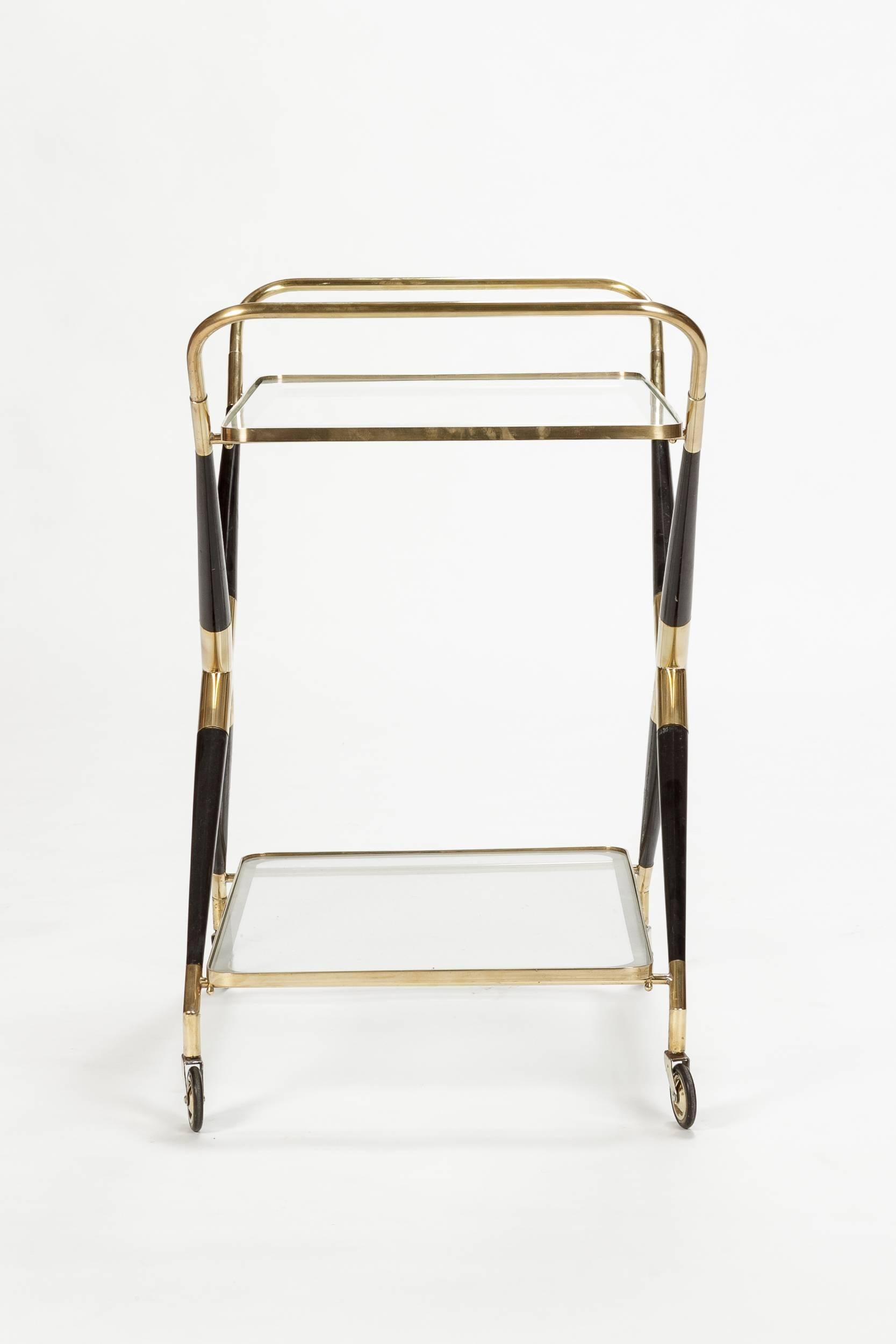 Cesare Lacca Bar Cart Brass & Shiny Black Mahogany,  Italy 1950s In Excellent Condition In Basel, CH