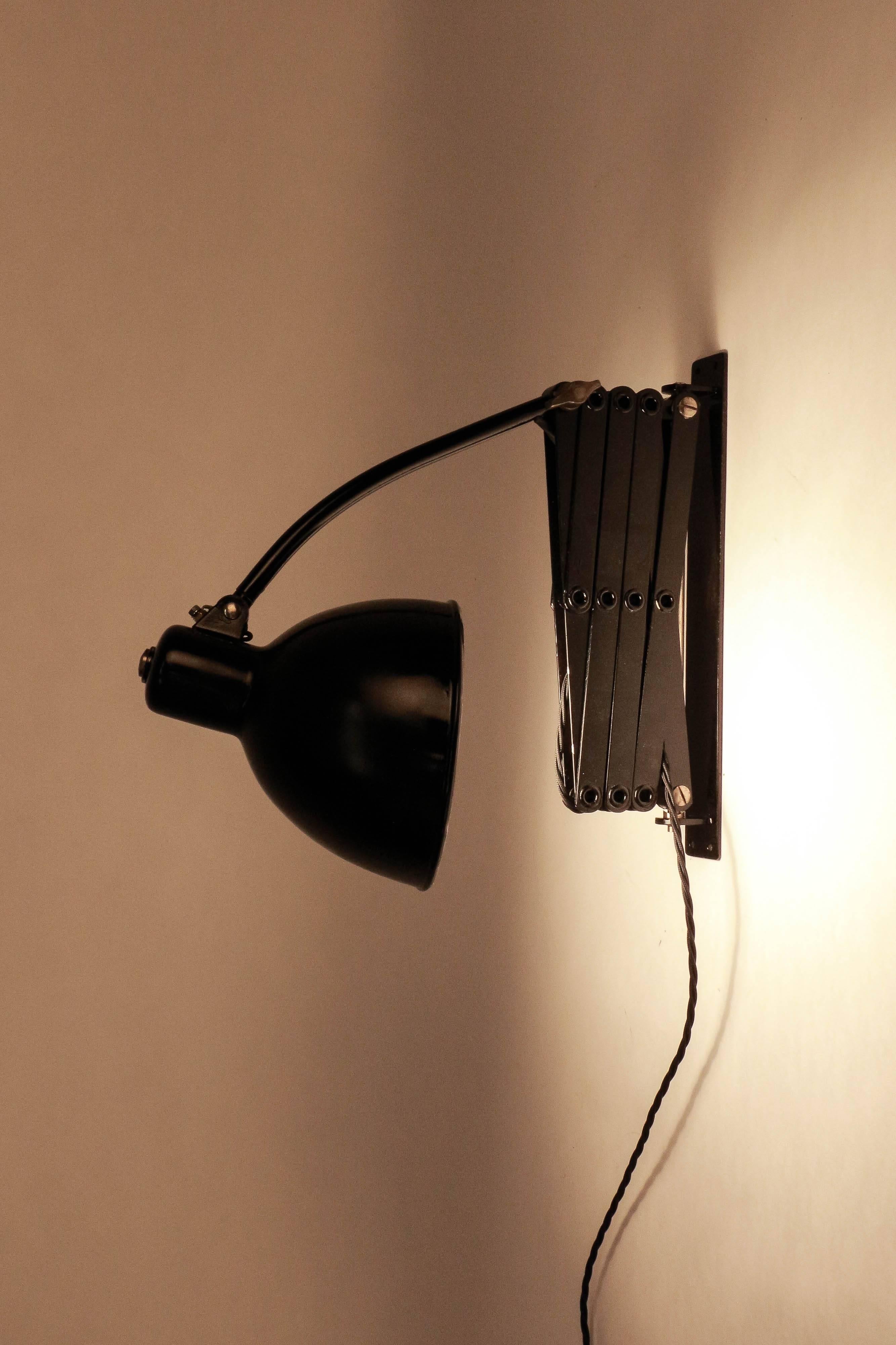 Lacquered Swiss BAG Turgi Scissor Wall Lamp Black Metal, 1930s