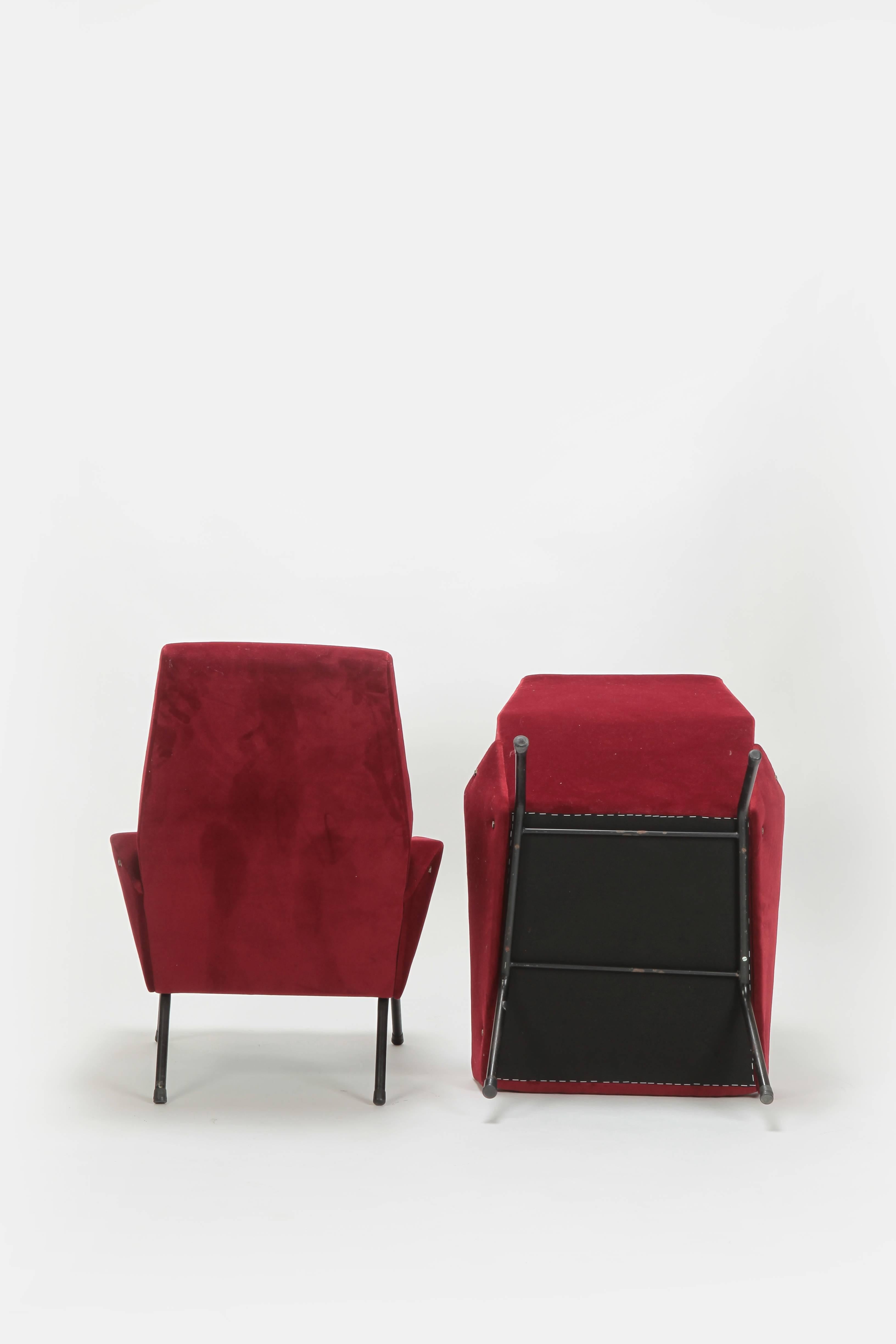 European Pair of Gianfranco Frattini Velor Chairs, 1950s