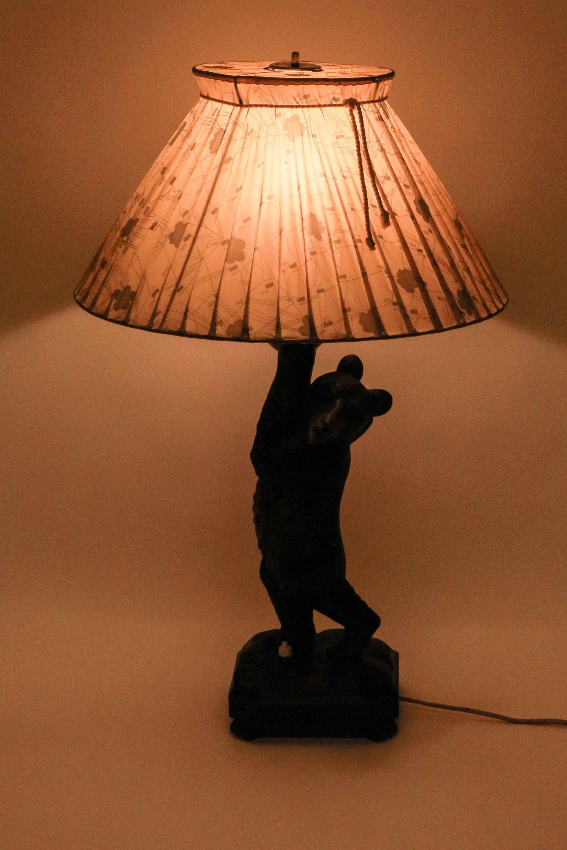 Fabric German Black Forest Hand-Carved Bear Table Lamp, 1940s