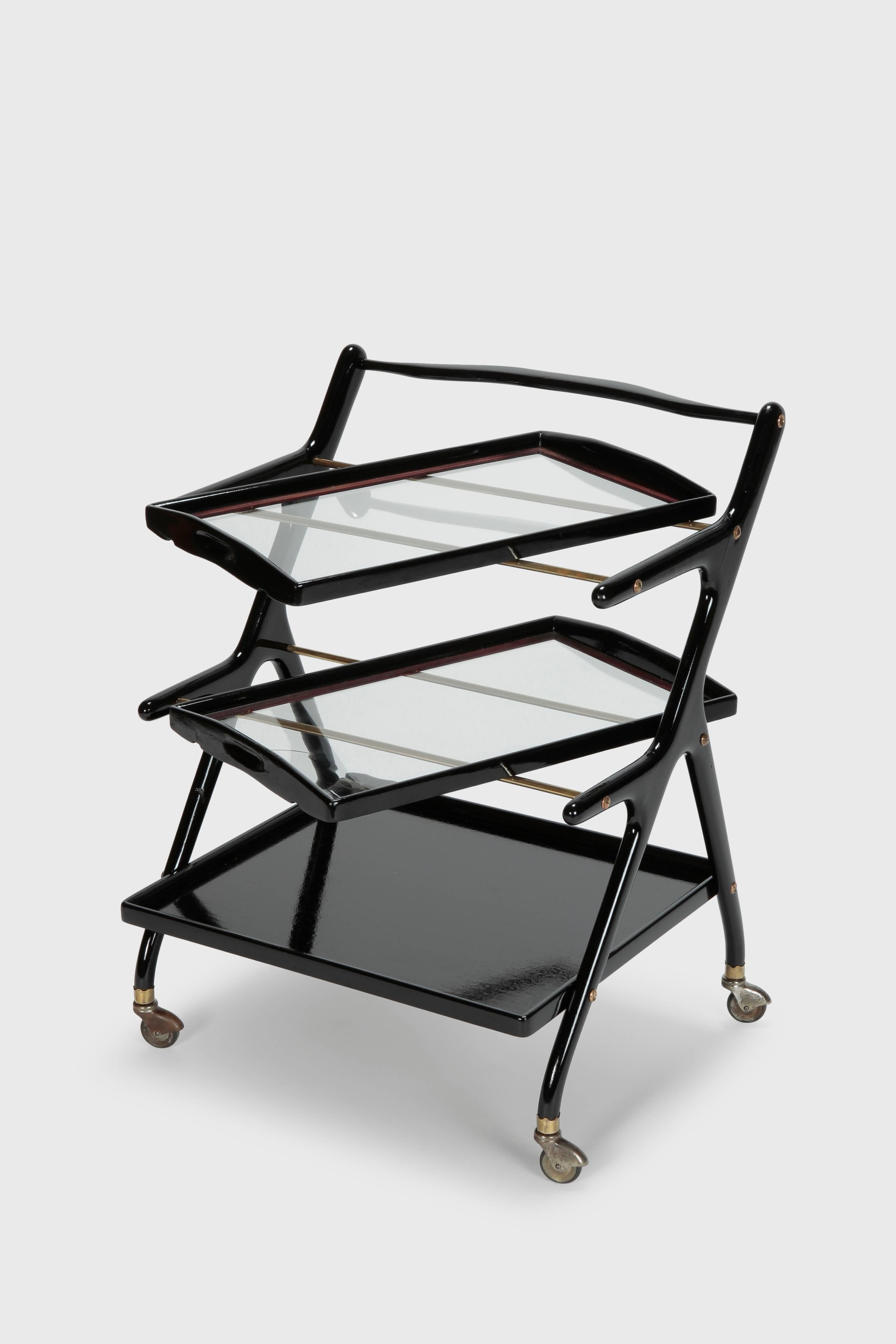 Brass Cesare Lacca Bar Cart Mahogany Serving Trolley, 1950